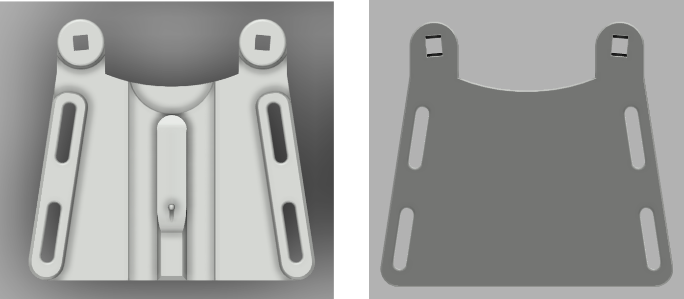 top and bottom views of the arm guard portion of a CAD model for a prosthetic hand