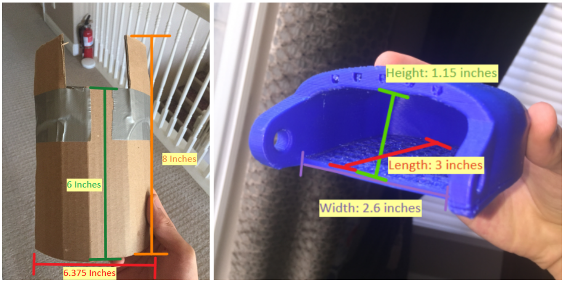 cardboard and 3D printed prototype with measurements