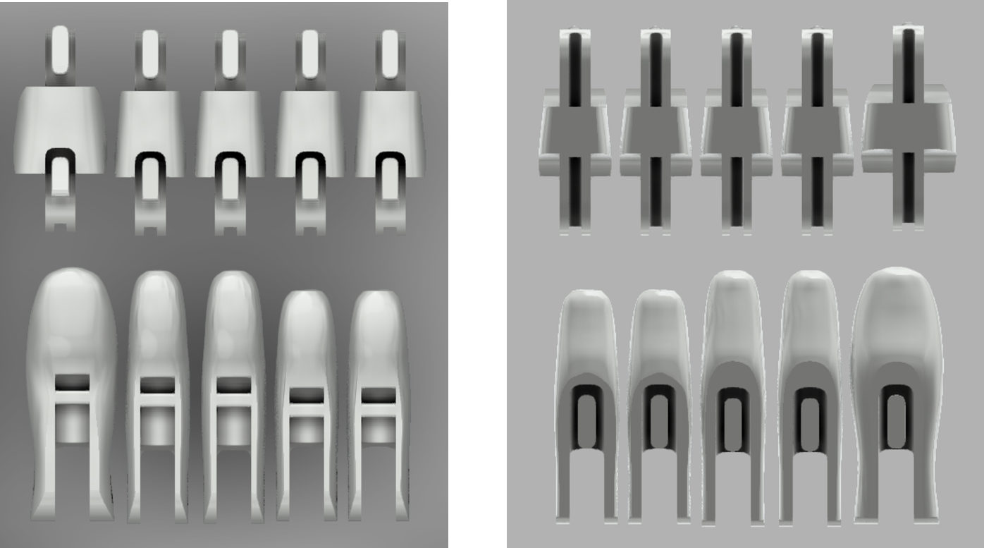 top and bottom views of the fingers of a CAD model for a prosthetic hand