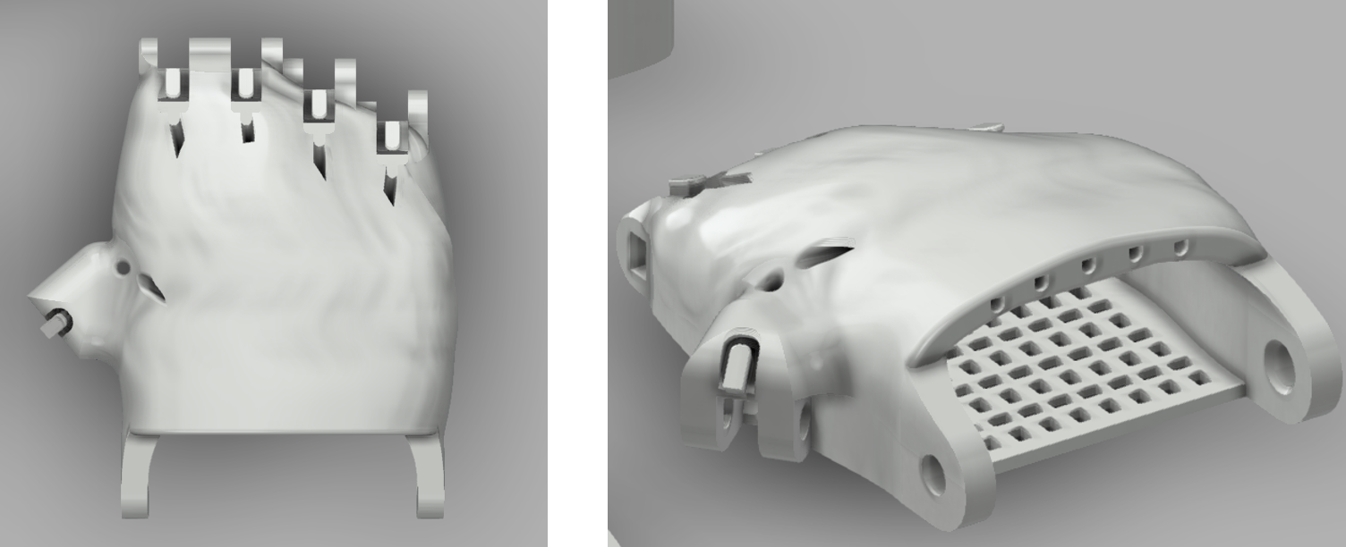 top and perspective views of the palm portion of a CAD model for a prosthetic hand