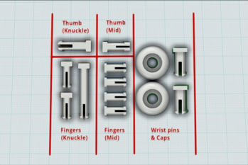 top view of the snap pins of a CAD model for a prosthetic hand