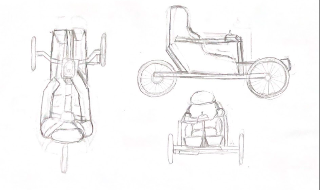 a top, side, and front view of the proposed motorized tricycle