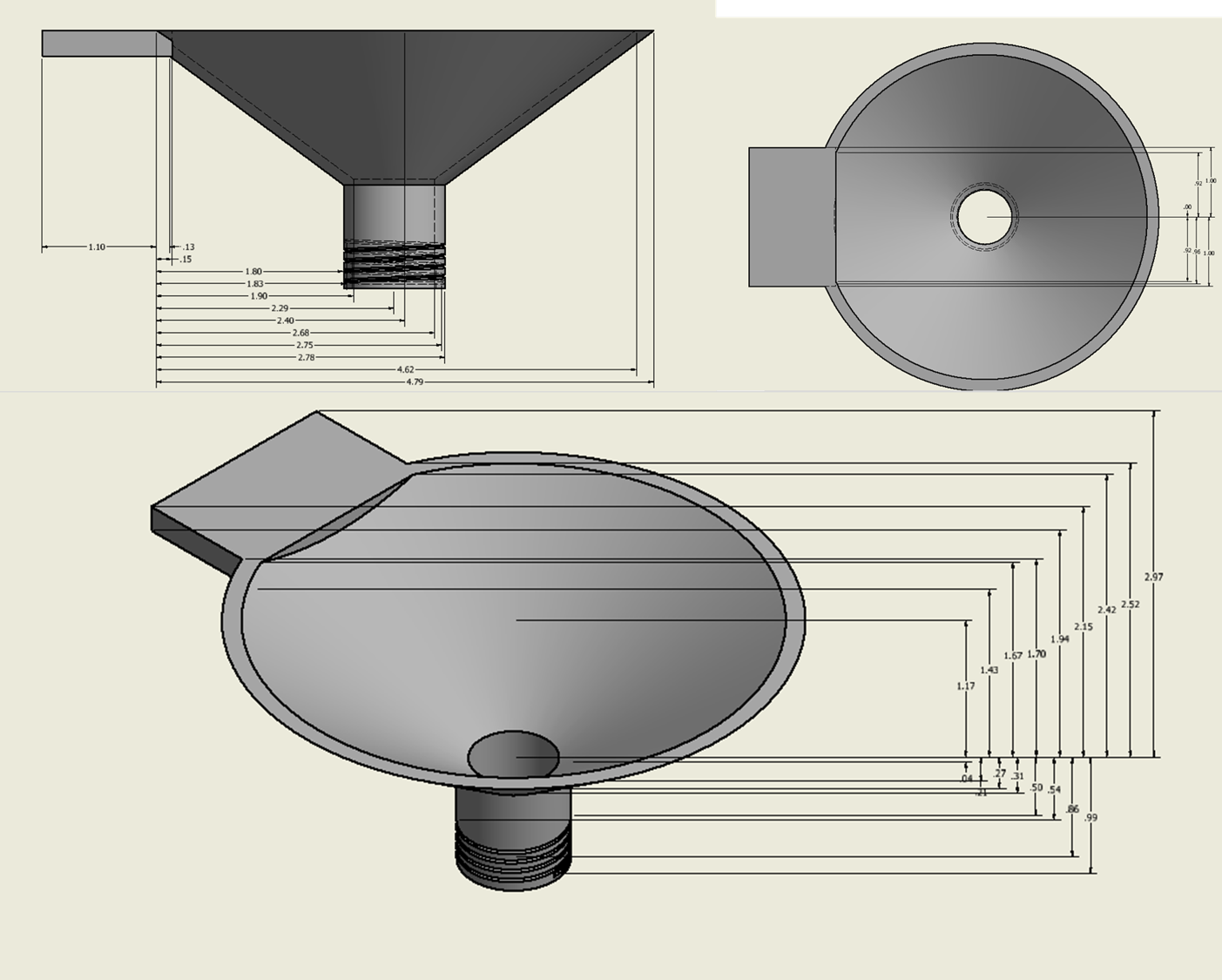 three views of a CAD drawing of a funnel prototype