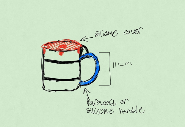 a drawing of a cup with a cover and a silicone/paracord handle